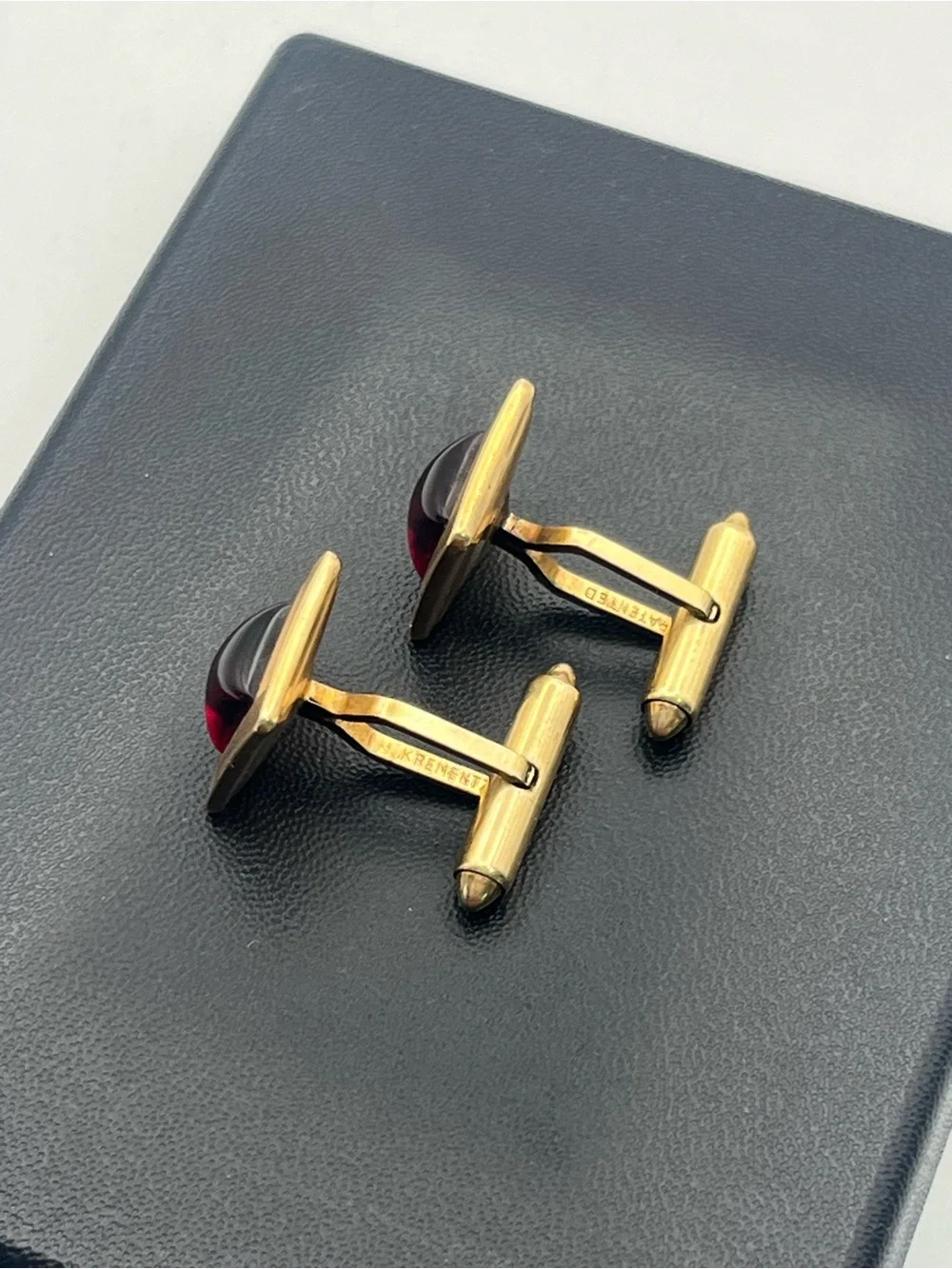 Krementz red lucite gold tone square textured vintage MCM cufflinks